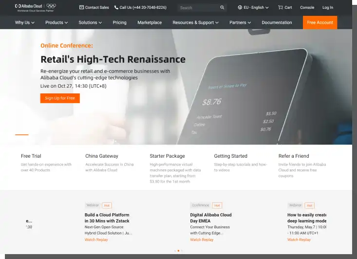 Die Website von Alibaba Cloud - ein Serverless Anbieter