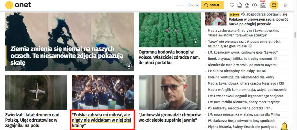 Ein Bild der Startseite von Onet.pl, auf der die wichtigsten Inhalte beworben werden
