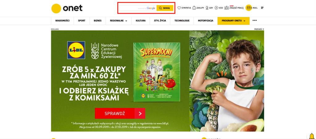 Ein Beispiel für eine gut sichtbare Suchleiste auf der Startseite der Website onet.pl