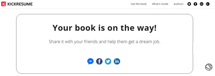 Ein Beispiel für eine Dankeseite von Kickresume für den Kauf eines Buches