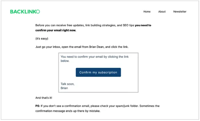 Eine Dankeseite auf Backlinko, die erklärt, dass man seine E-Mail-Adresse bestätigen muss, bevor man kostenlose Updates erhält