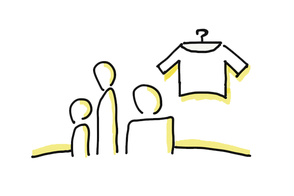 Eine Zeichnung von Kunden, die in einem Geschäft nach Kleidung suchen