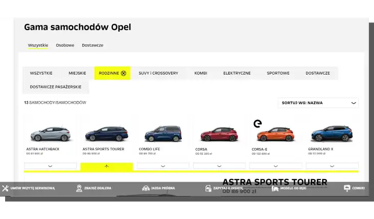 Vergleich verschiedener Fahrzeugmodelle auf Opel.pl