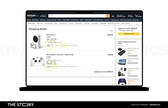 Unterseitenansicht des Warenkorbs auf der Amazon-Website