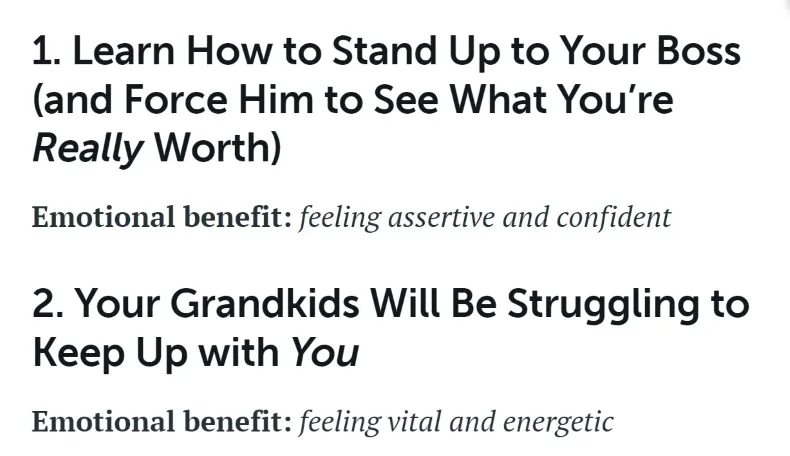 Vergleich zweier Schlagzeilen "Lernen Sie, wie Sie Ihrem Chef die Stirn bieten (und ihn zwingen, zu erkennen, was Sie wirklich wert sind)" und "Ihre Enkel werden Mühe haben, mit Ihnen Schritt zu halten".