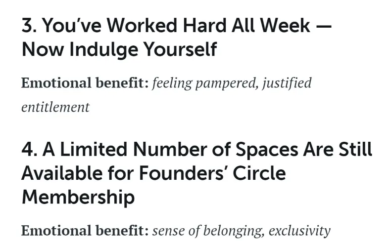 Vergleich zweier Schlagzeilen "Sie haben die ganze Woche hart gearbeitet - jetzt gönnen Sie sich etwas" und "Es gibt noch eine begrenzte Anzahl von Plätzen für die Mitgliedschaft im Founders' Circle".