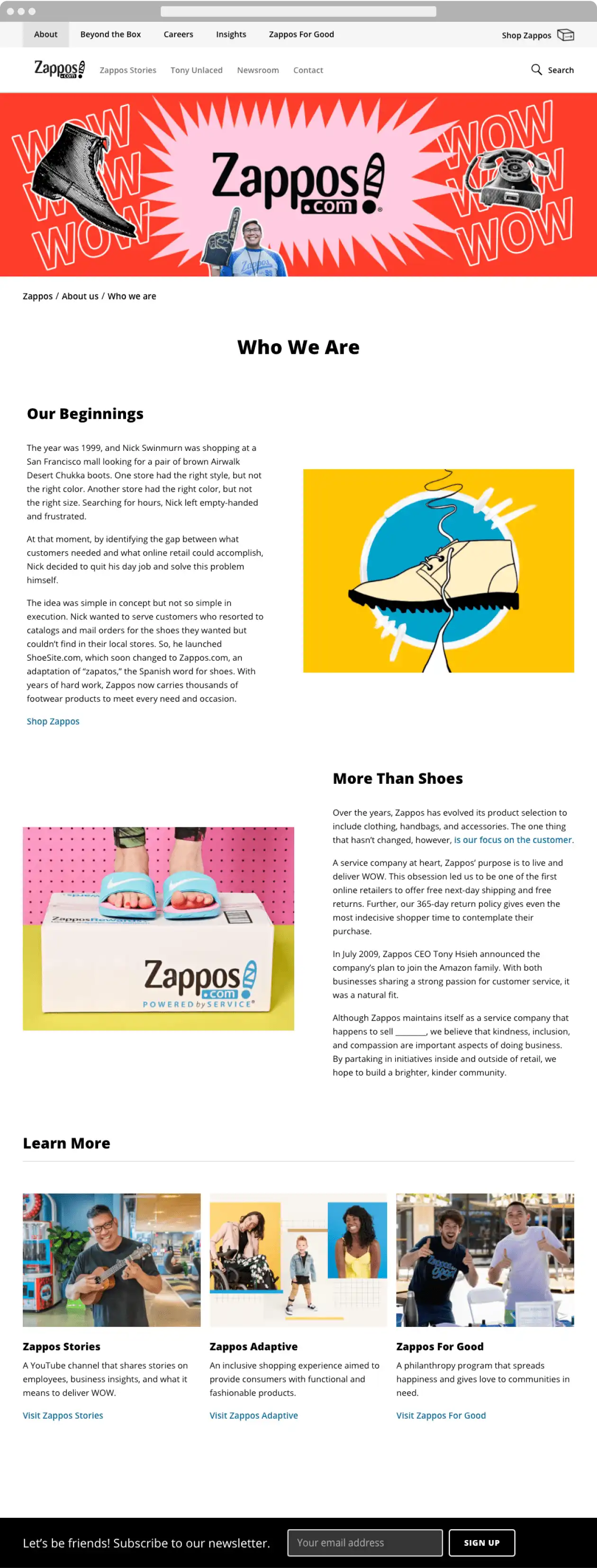 Das Unternehmen Zappos baut auf der Unterseite "Über uns" das Image eines Freundes auf