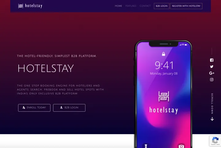 Die Website von Hotelstay mit Beschreibungen und Bildern einer App für Hotelreservierungen für B2B-Kunden