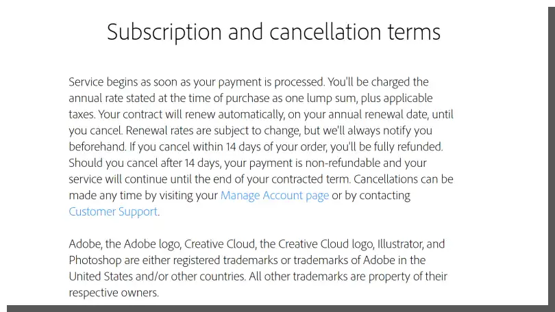 Bedingungen für die Kündigung von Abonnements auf der Website von Adobe