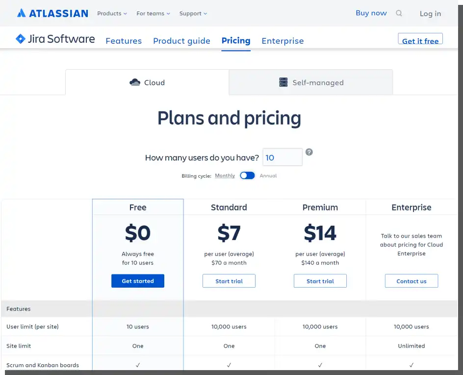 Preisseite auf Atlassian.com