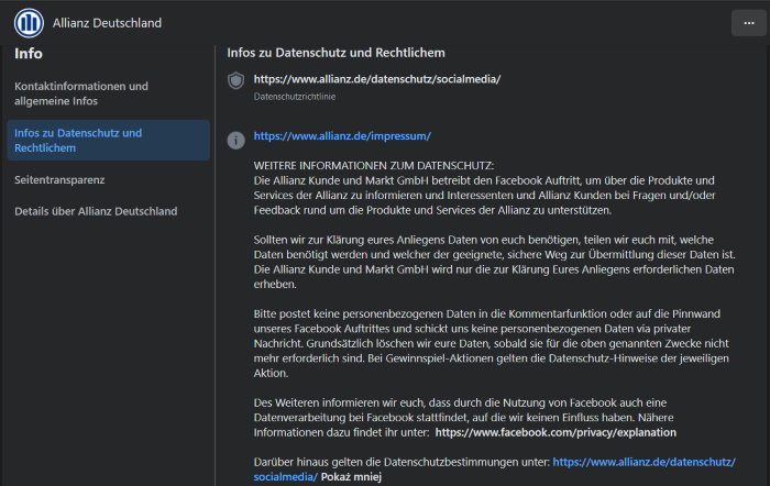Ein Screenshot zeigt ein Beispiel für das Facebook-Impressum der Allianz.