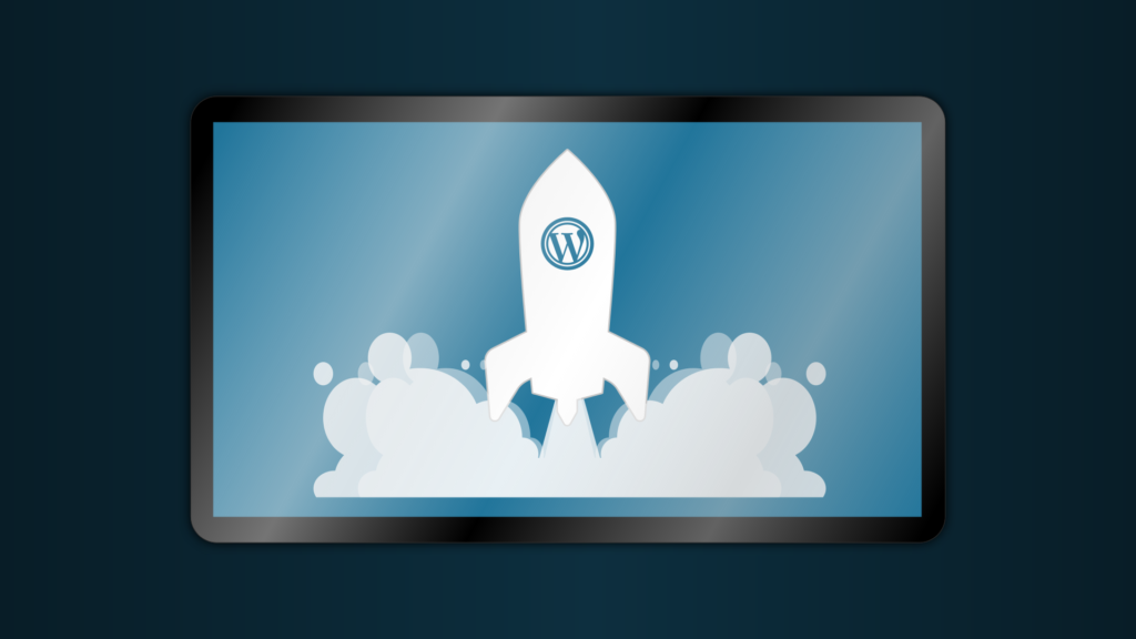 Illustration of a rocket taking off with WordPress logo