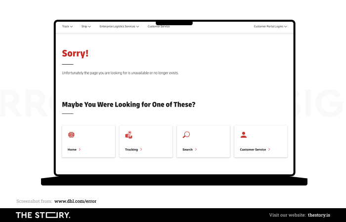 A screenshot of an error page on DHL's website