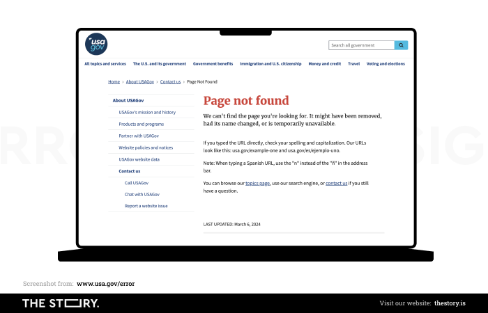 A screenshot of an error page on the US government website.