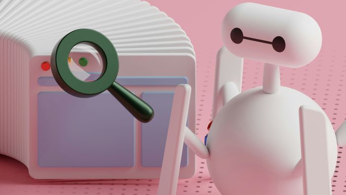 A 3D graphic showing a small robot, with a magnifying glass levitating next to it, and browser tabs visible in the background