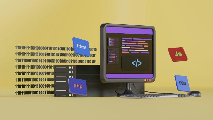 A graphic showing a computer displaying code on its screen, next to it fly tiles with the words “HTML”, “PHP”, “CSS”, “JS”