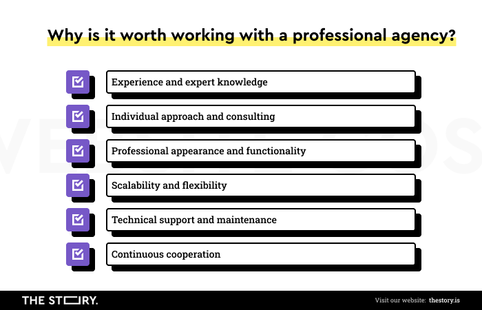 Benefits of working with a professional agency: experience, knowledge, individual approach, professional appearance, scalability, technical support, continuous cooperation, etc.