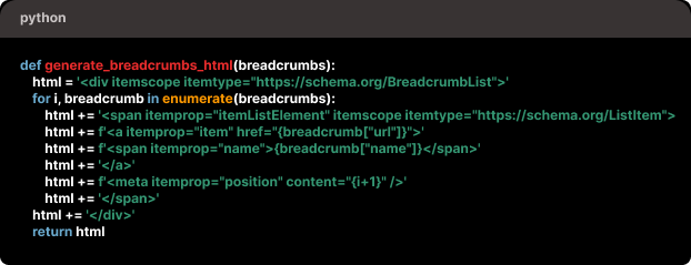 Kod w języku Python, który generuje kod HTML z wykorzystaniem Schema.org "BreadcrumbList"