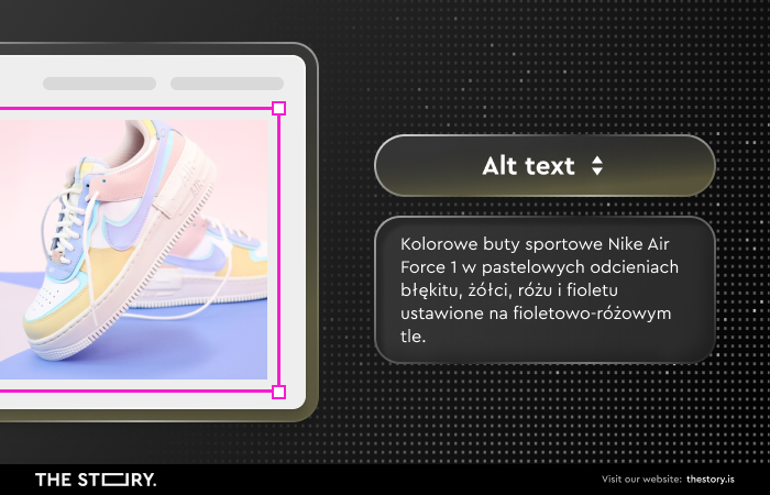 Grafika prezentująca przykładowy alt text dla zdjęcia kolorowych butów sportowych.